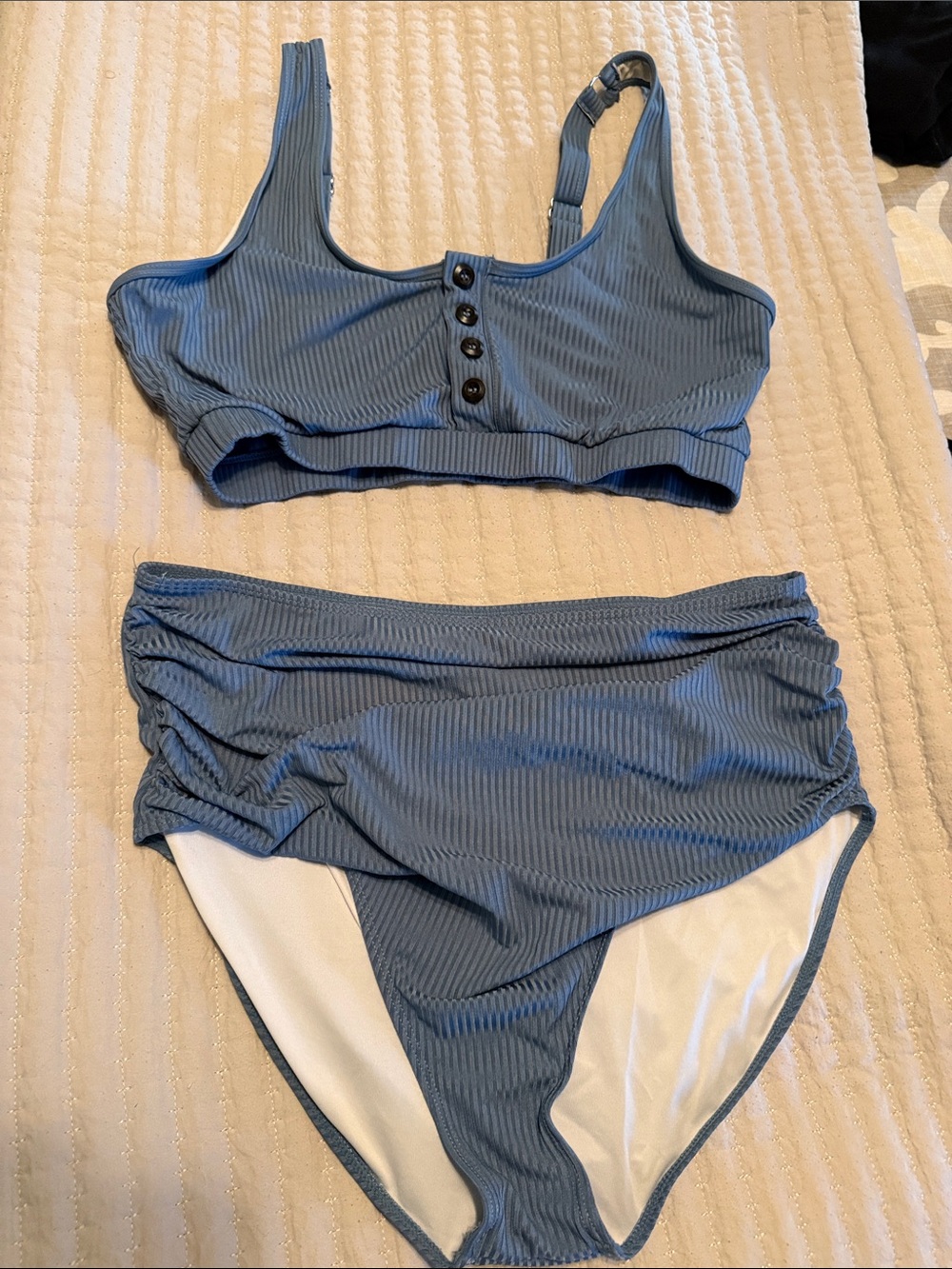 Ribbed Slate Blue High-Waist Bikini Set with Button-Front Top